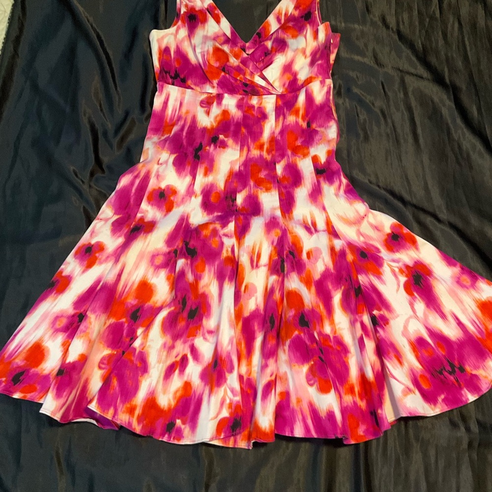 Chetta B Floral Fit ‘n Flair Sleeveless Dress in Fuschia, Orange & White